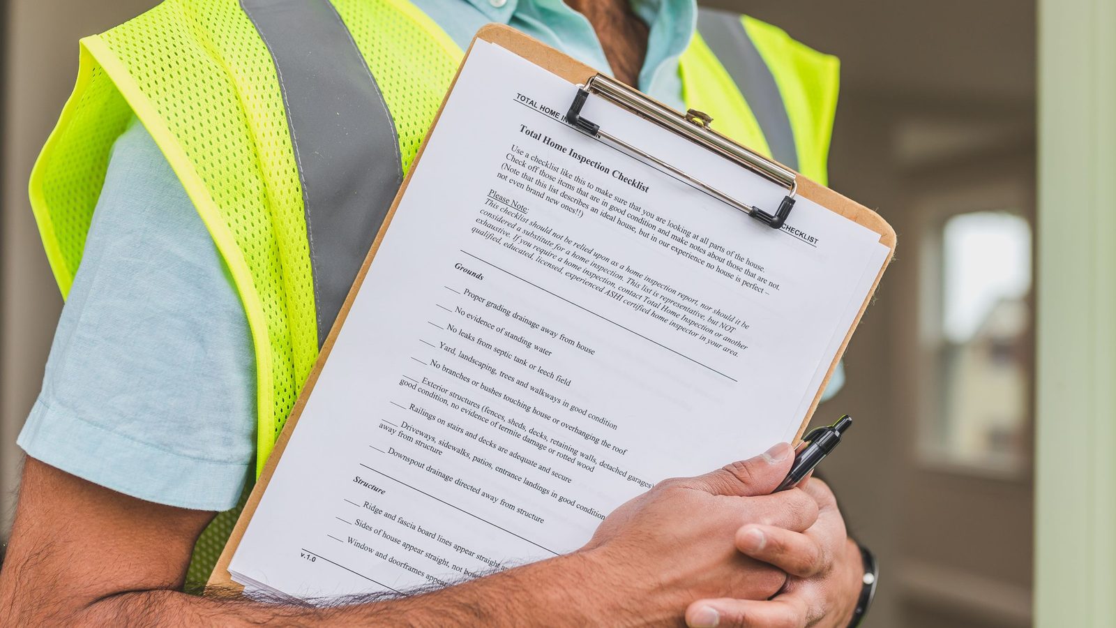 Close-up of home inspector holding a checklist on a clipboard with a pen