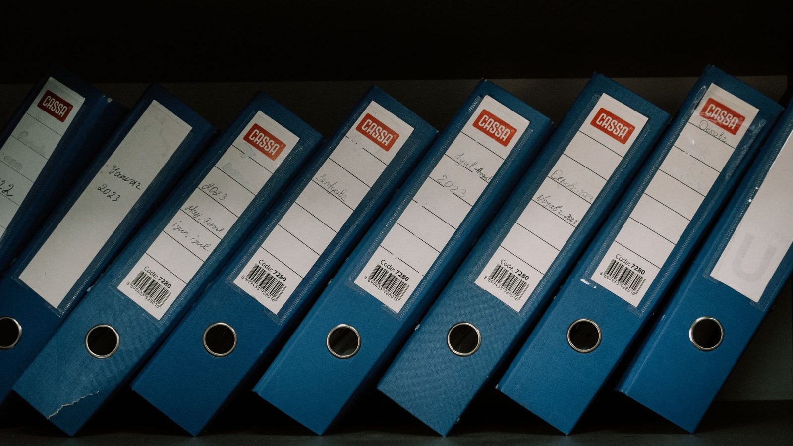 Neatly arranged blue office binders labeled with dates and names for organized storage
