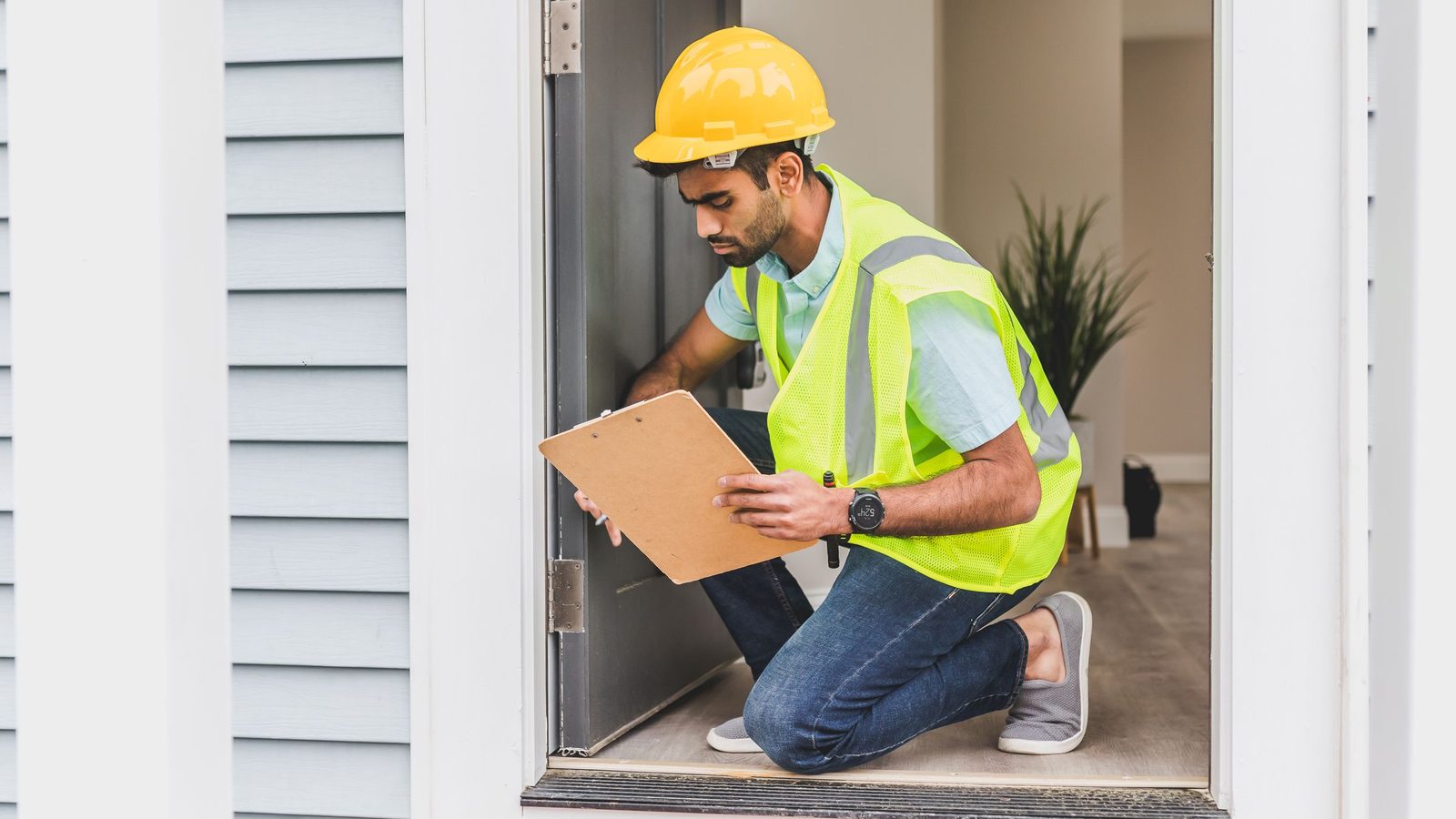 A home inspector wearing safety gear examines a house interior for safety compliance