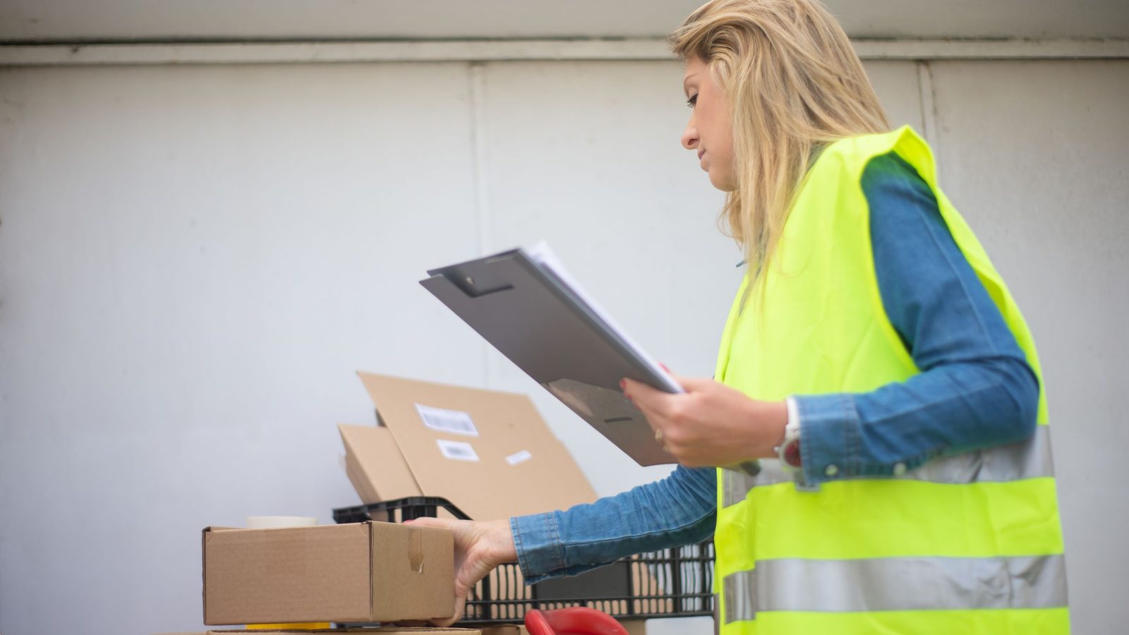 Woman in high-visibility vest handling boxes for delivery service inside a warehouse setting